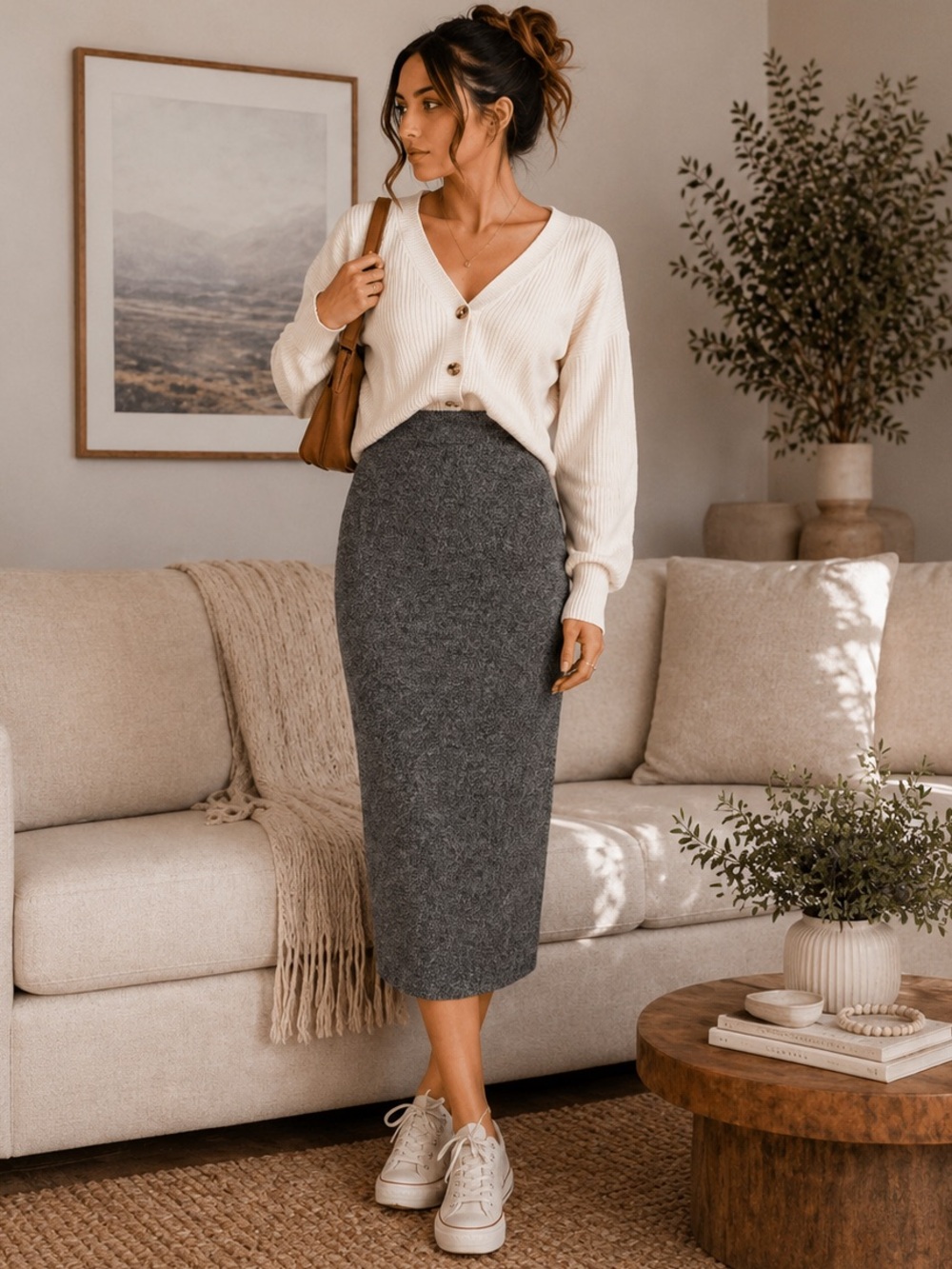 NWOT | High Waist Midi Skirt | Knit Stretch | Pencil | Minimalist Chic